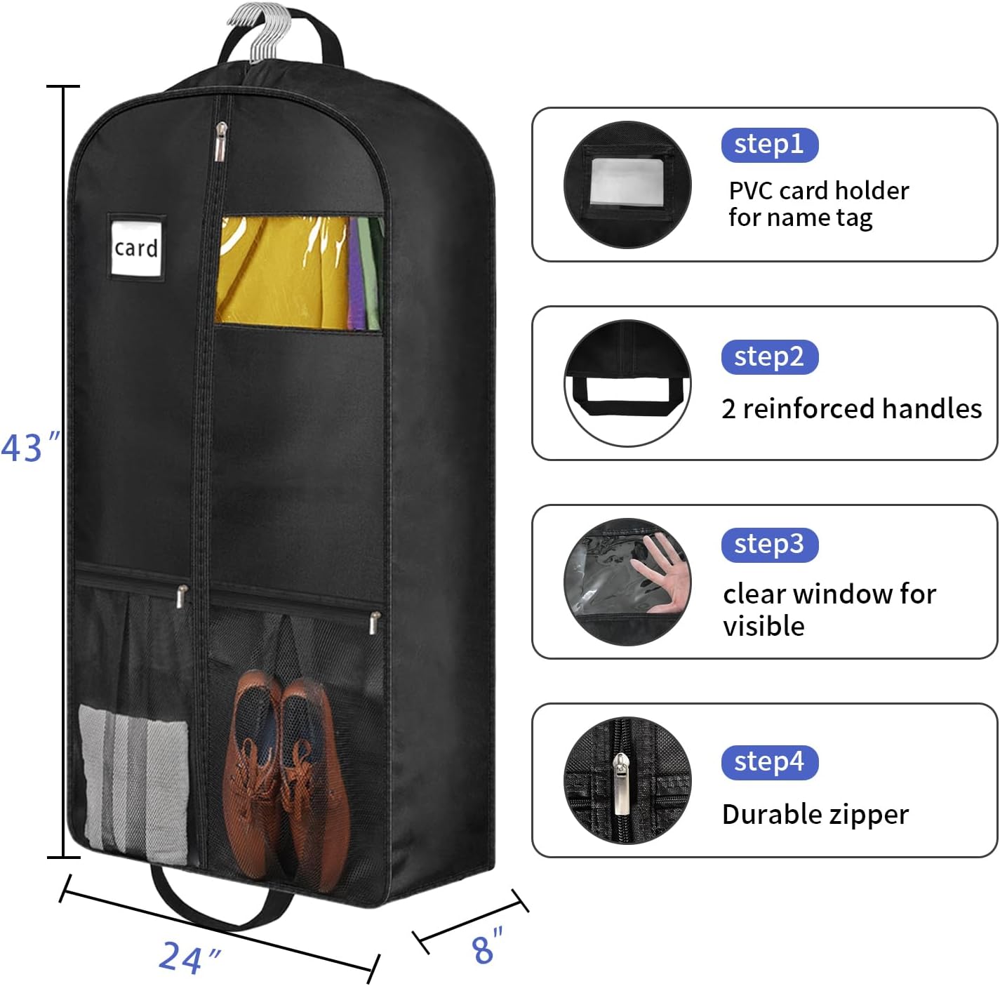 8" Gusseted Heavy Duty Garment Bags for Travel 43"" Suit Bags for Closet Storage Hanging Clothes Bag with Pockets Mens Suit Holder for Shirts, Coats, Dresses, 3 Pack