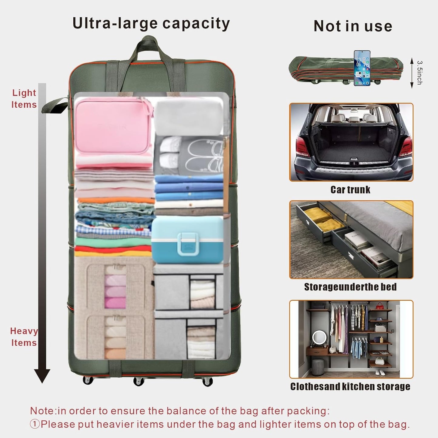 Expandable Large Capacity Travel Bag Oxford Cloth Duffel Bag with Wheels Lightweight Waterproof Travel Foldable Suitcase(ArmyGreen)