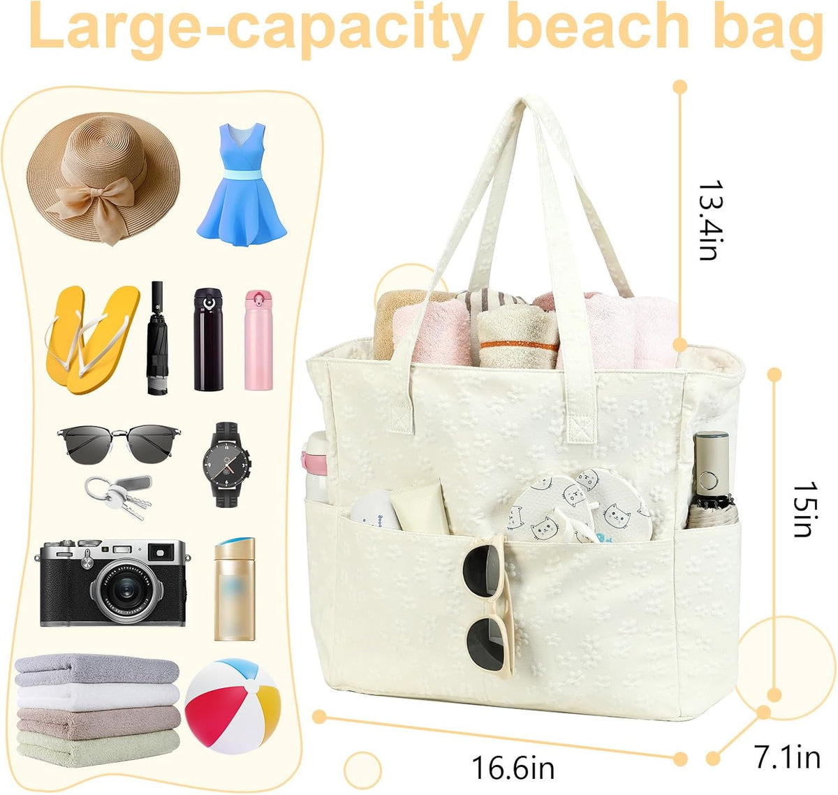 LEDAOU Large Beach Tote Bag Women Waterproof Sandproof Zipper Beach Tote Bag for Pool Gym Grocery Travel with Wet Pocket