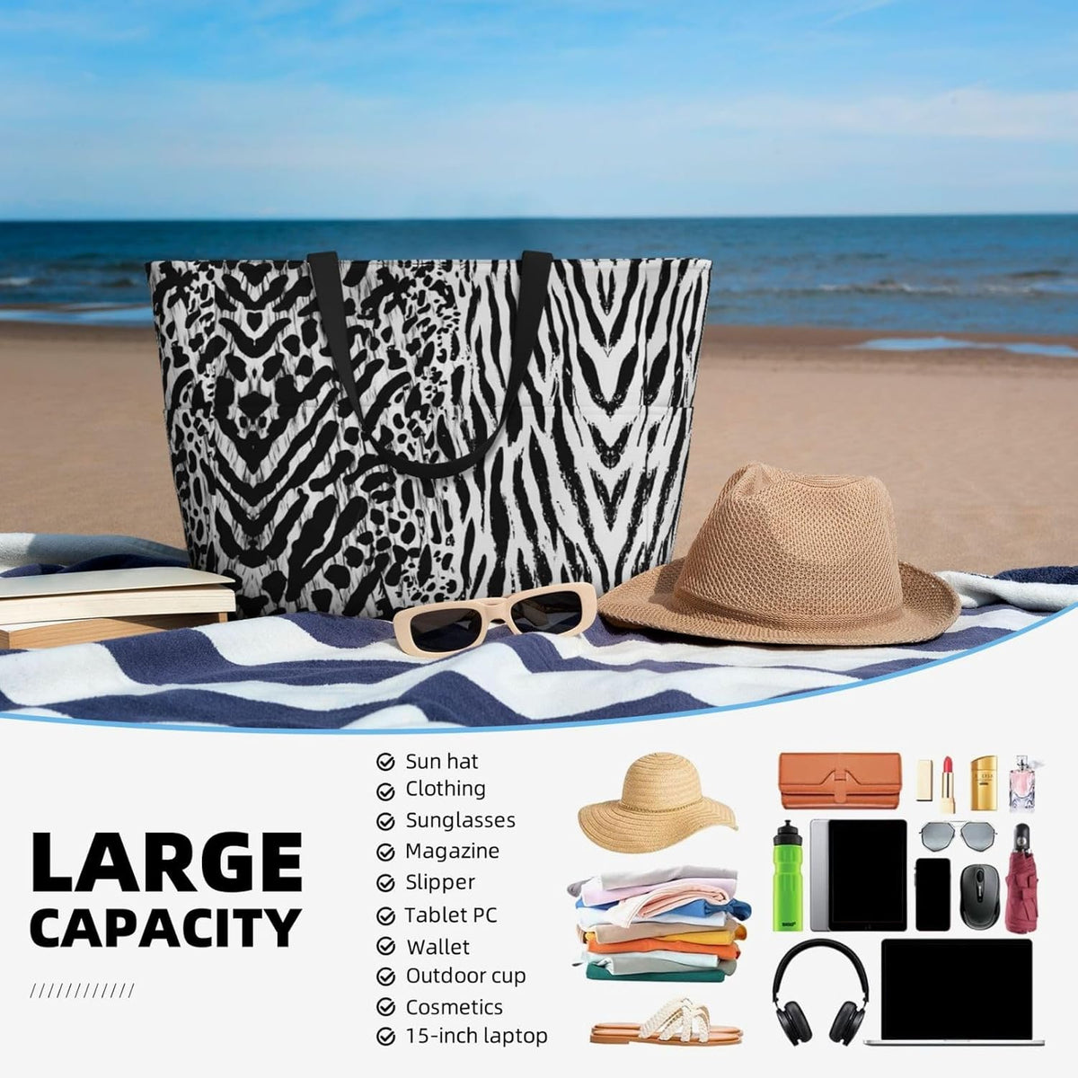 Beach Bag for Women Beach Tote Bag Waterproof Sandproof Large Bags with Zipper Big Capacity for Vacation Travel
