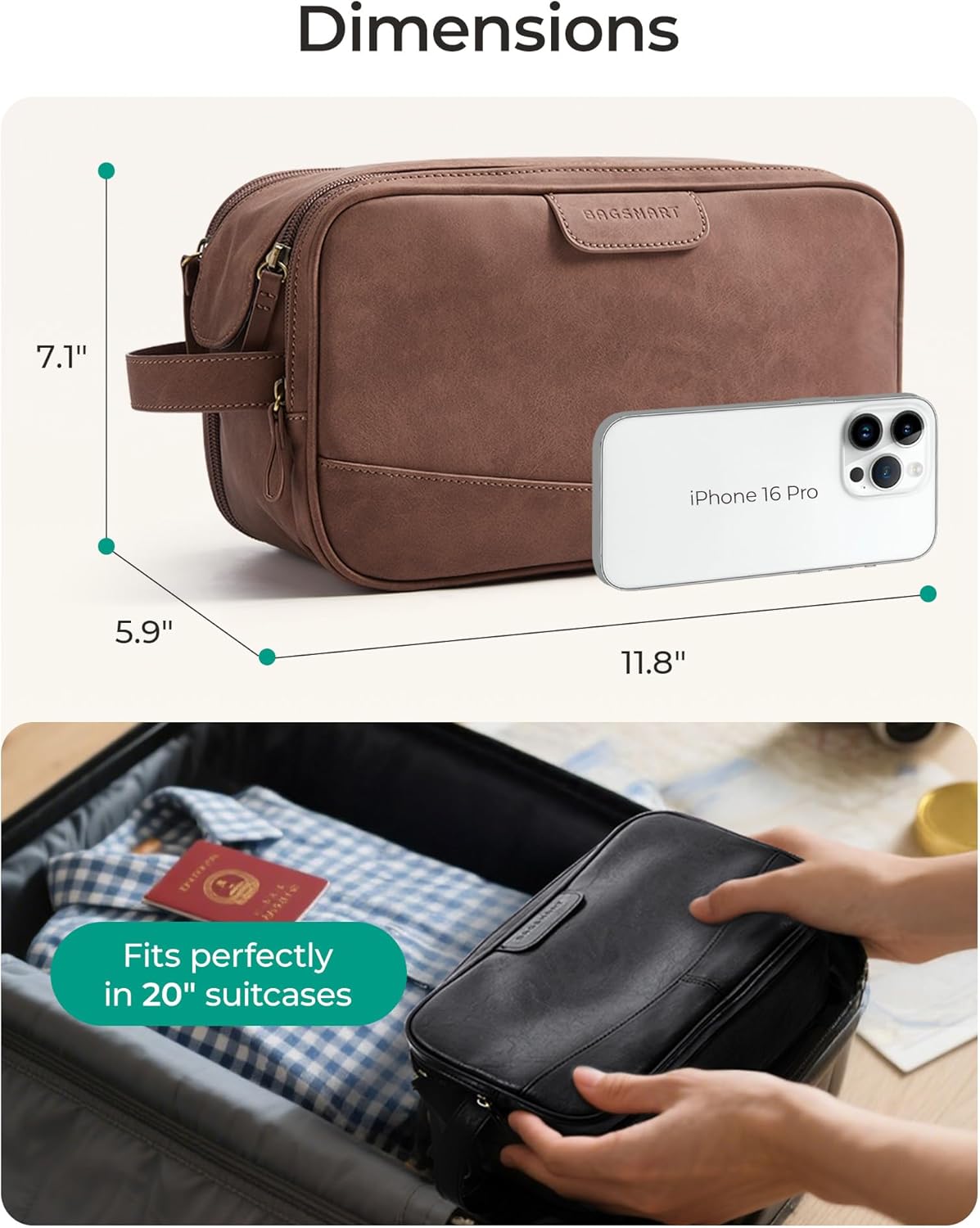 BAGSMART Toiletry Bag for Men, PU Leather Travel Bag for Toiletries, Dopp Kit Water Resistant Shaving Bag for Bathroom Shower-Dark Brown
