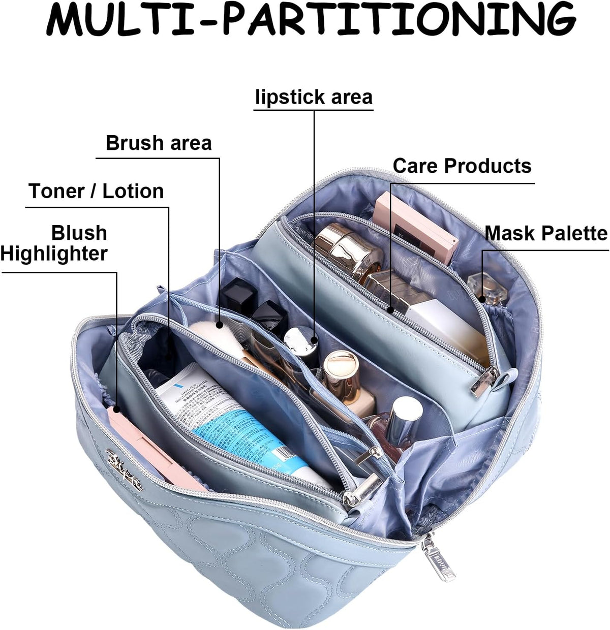 Travel Makeup Bags for Women Cosmetic Bag: Puffy Make up Bags Set of 3 - Vegan Leather Makeup Organizer - Waterproof Large Toiletry Bag with Compartments - Travel Essentials (Blue)
