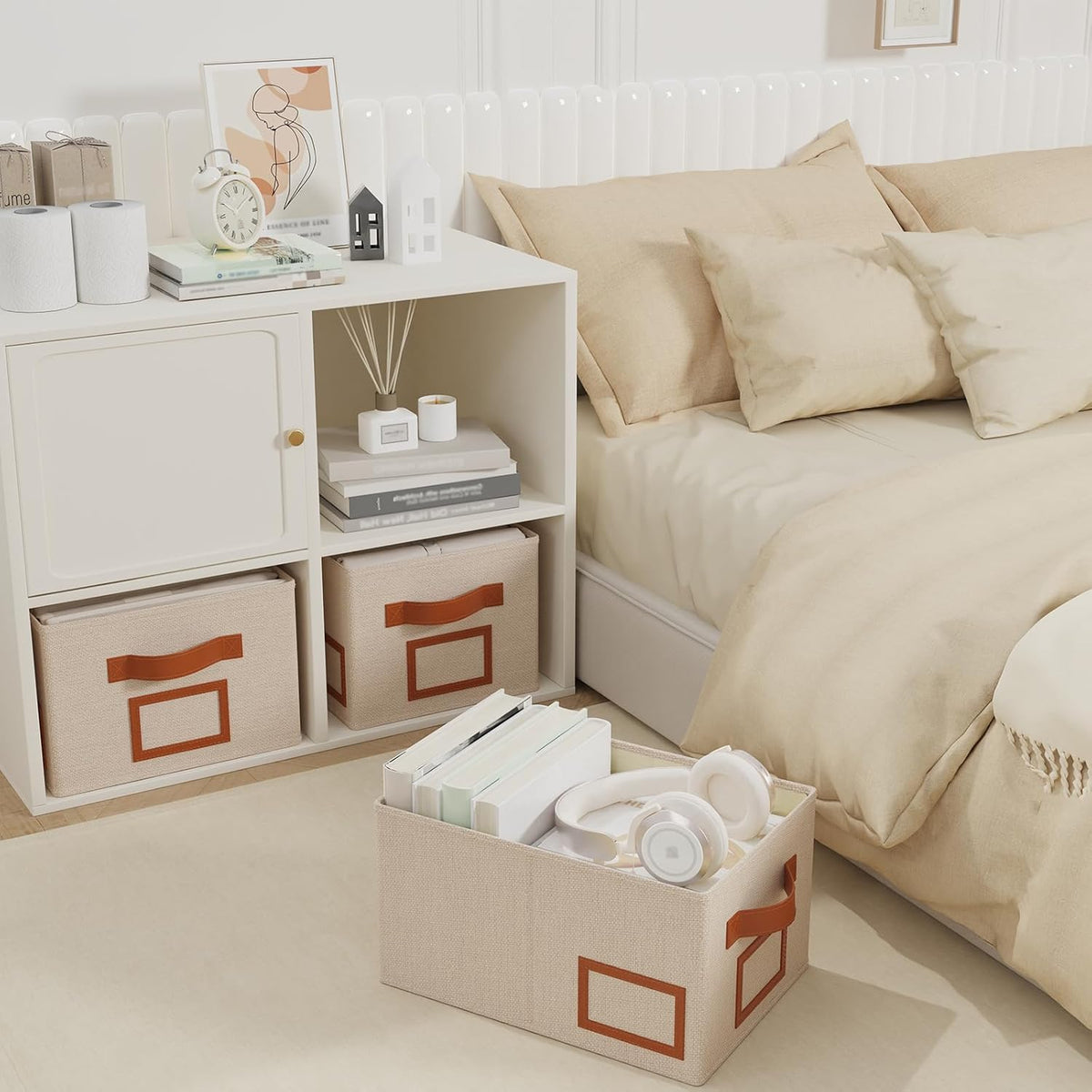 OUTBROS Foldable Storage Box for Shelves, 15 x 10.2 x 7.9 inch Fabric Baskets, Wardrobe Organiser with Handles, Suitable for Storing Clothes, Books, Cosmetics (Beige, 3-Pack)