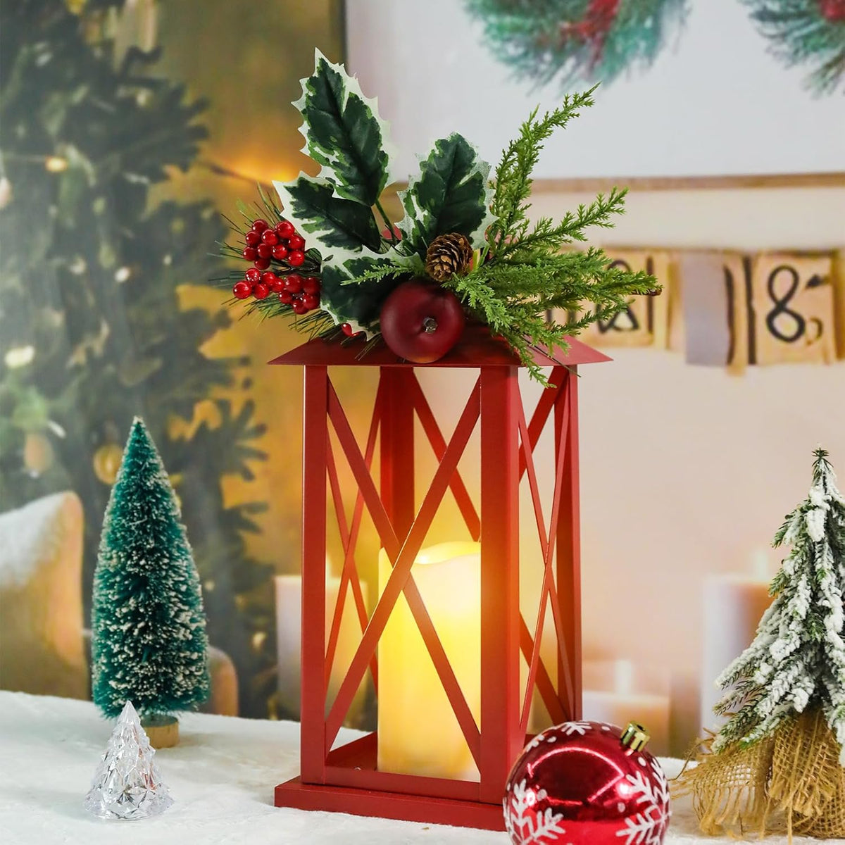 Christmas Decorative Lanterns 2 Pack Outdoor Lantern 13.5" Waterproof Battery Powered LED Hanging Lanterns with Flamessless Candle for Front Porch, Entrance, Indoor, 2 Pack