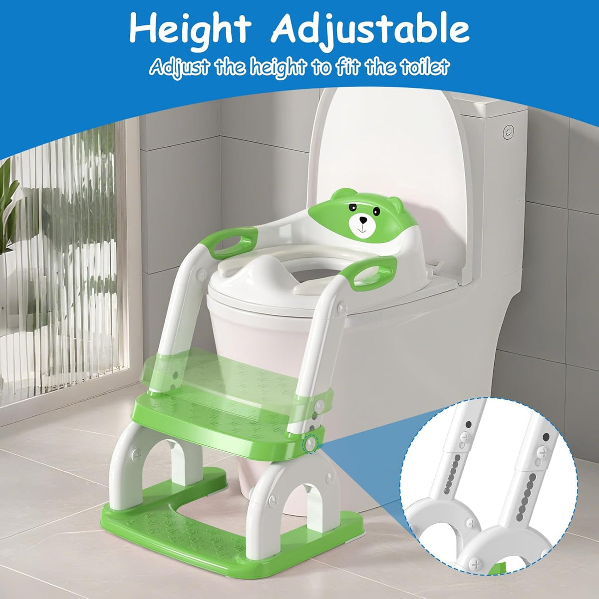 Potty Training Seat for Toddlers - Upgrade 2-in-1 Toilet Seat Toilet Ladder for Kids Children Boys Girls, Anti-Slip Pad & Adjustable Height with Waterproof PVC Cushion - Green