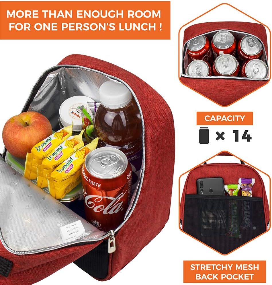 opux Lunch Box for Girls Boys Kids, Insulated Leakproof Lunch Bag, Reusable Teen Lunch Boxes for School, Medium Large lunchbox for Women Men Adult for Work with Front Back Pocket (Red)