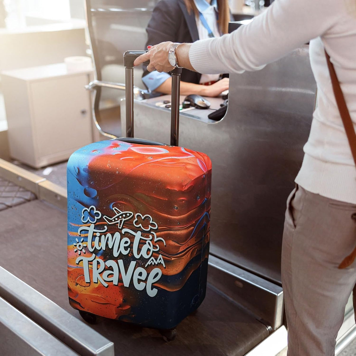 Explore Land Luggage Cover Suitcase Protector Fits 23-26 Inch Case (Time to Travel, M)