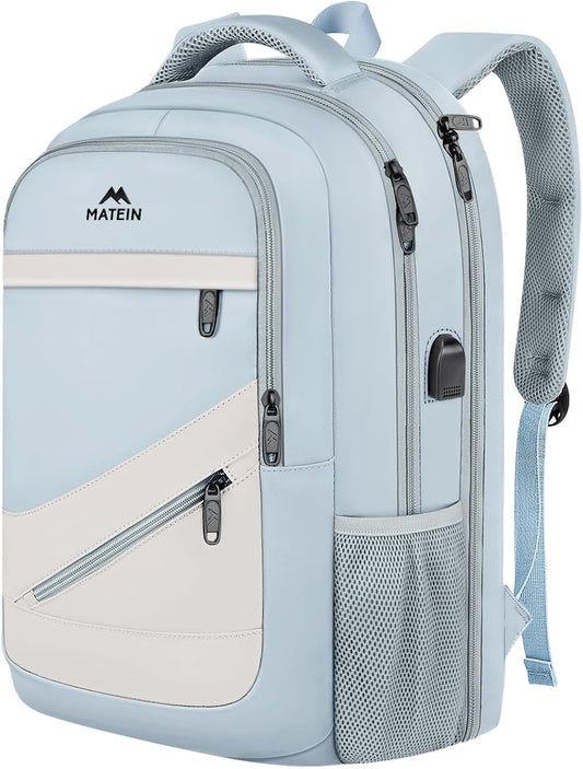 MATEIN Large College Laptop Backpack, Water Resistant Nurse Travel Backpack with USB Charging Port TSA Approved, Soft Anti Theft Comupter Bag for Work, Blue Beige
