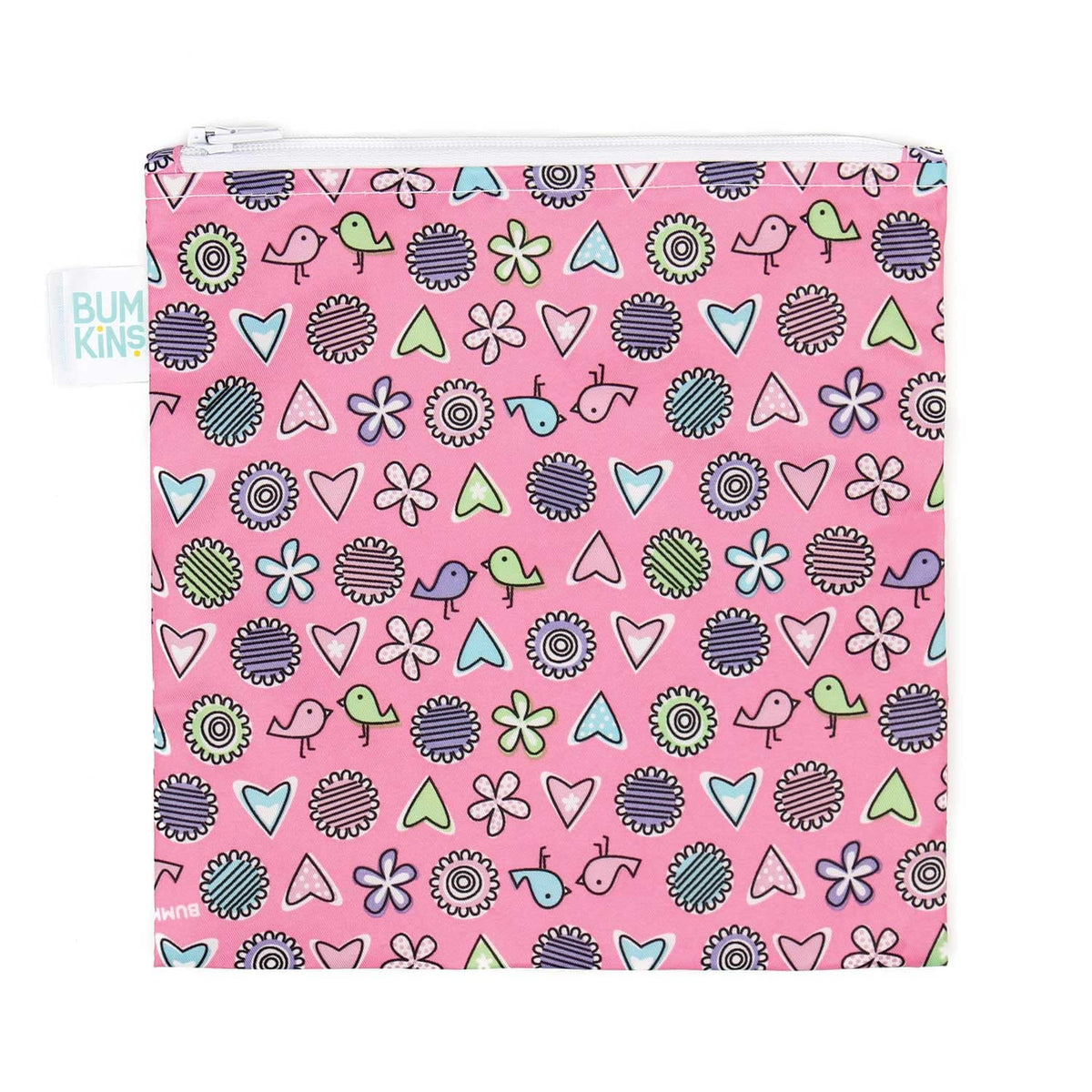 Bumkins Reusable Sandwich and Snack Bags, for Kids School Lunch and for Adults Portion, Washable Fabric, Waterproof Cloth Zip Bag, Travel Pouch, Food-Safe Storage, Large, Love Birds Pink