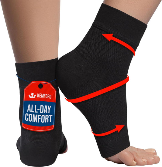 KEMFORD Ankle Compression Sleeve - Plantar Fasciitis Braces - Open Toe Compression Socks for Swelling, Sprain, Neuropathy, Foot Arch Support for Men and Women - 20-30mmhg, L, Black