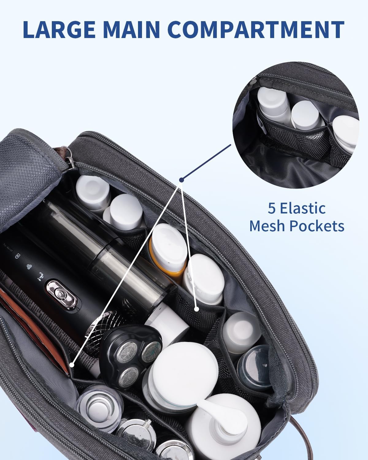WANDF Toiletry Bag for Men Travel Toiletry Organizer Canvas and Leather Dopp Kit Water-Resistant Shaving Bag for Travel Accessories (Grey, Large)