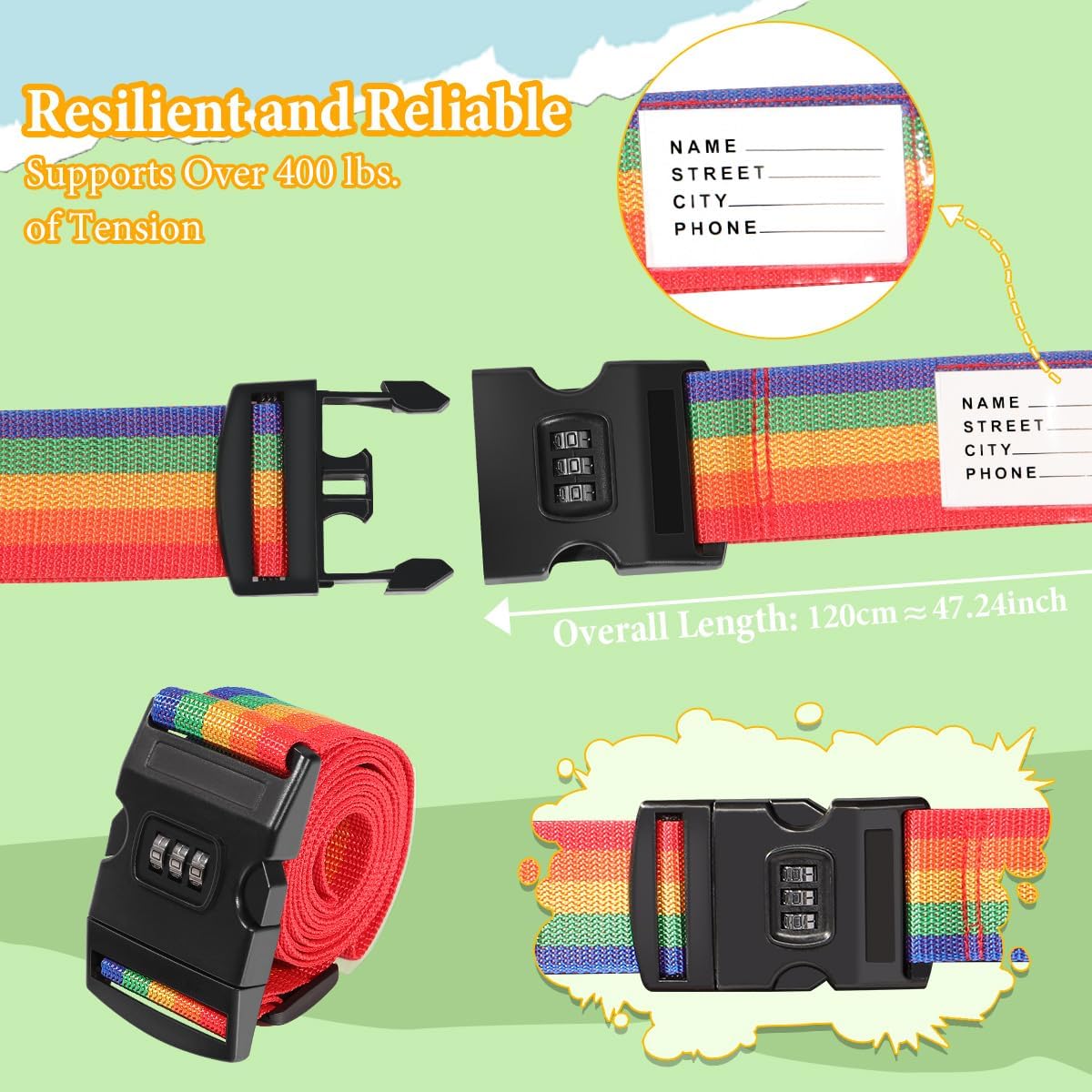Adjustable Luggage Straps with Combination Lock – 4 Pack Bright Colors, Quick-Release Buckle, Secure Travel Luggage Straps for Added Safety（Multicolour）