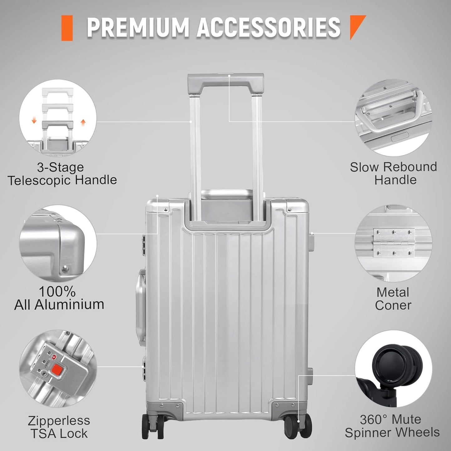 UrbanExplorer 24Inch All Aluminum Check In Luggage Heavy Duty Hard Shell Suitcases with Spinner Wheels, Zipperless Suitcase with TSA Lock, Large Luggage for Business Travel, Sliver