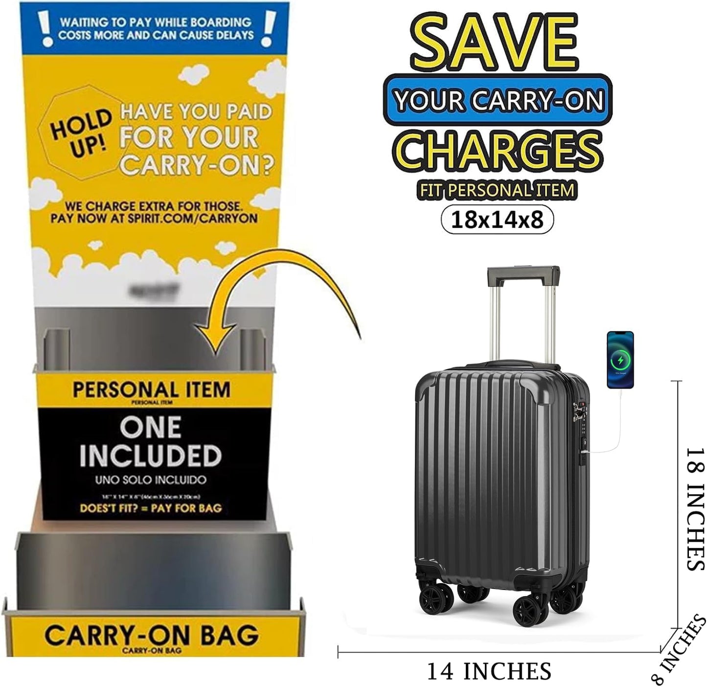 Personal Item Small Suitcase 18x14x8 Inches Hardside Built In TSA Lock & USB Port Lightweight Luggage With Removable Silent Wheels Underseat Carry-On Bag For Spirit and Frontier (Black)