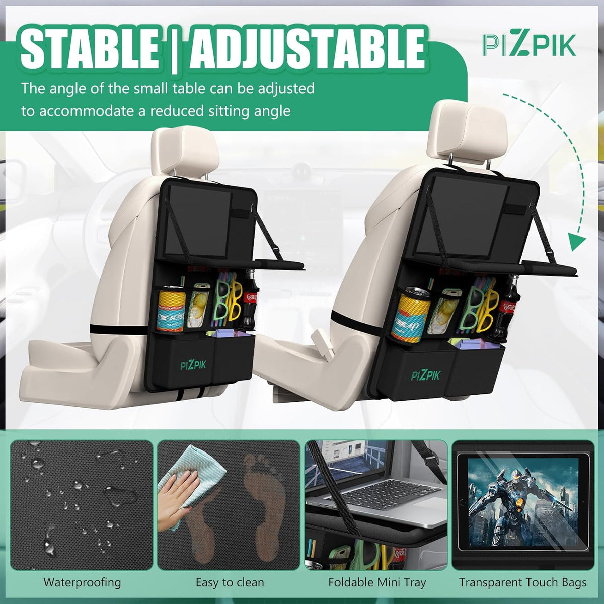 Car Backseat Organizer with Tablet Holder,11 Storage Pockets with Foldable Food Tray, Protector Kick Mats for Kids, Travel Accessories Organizer (Black, 2Pack)