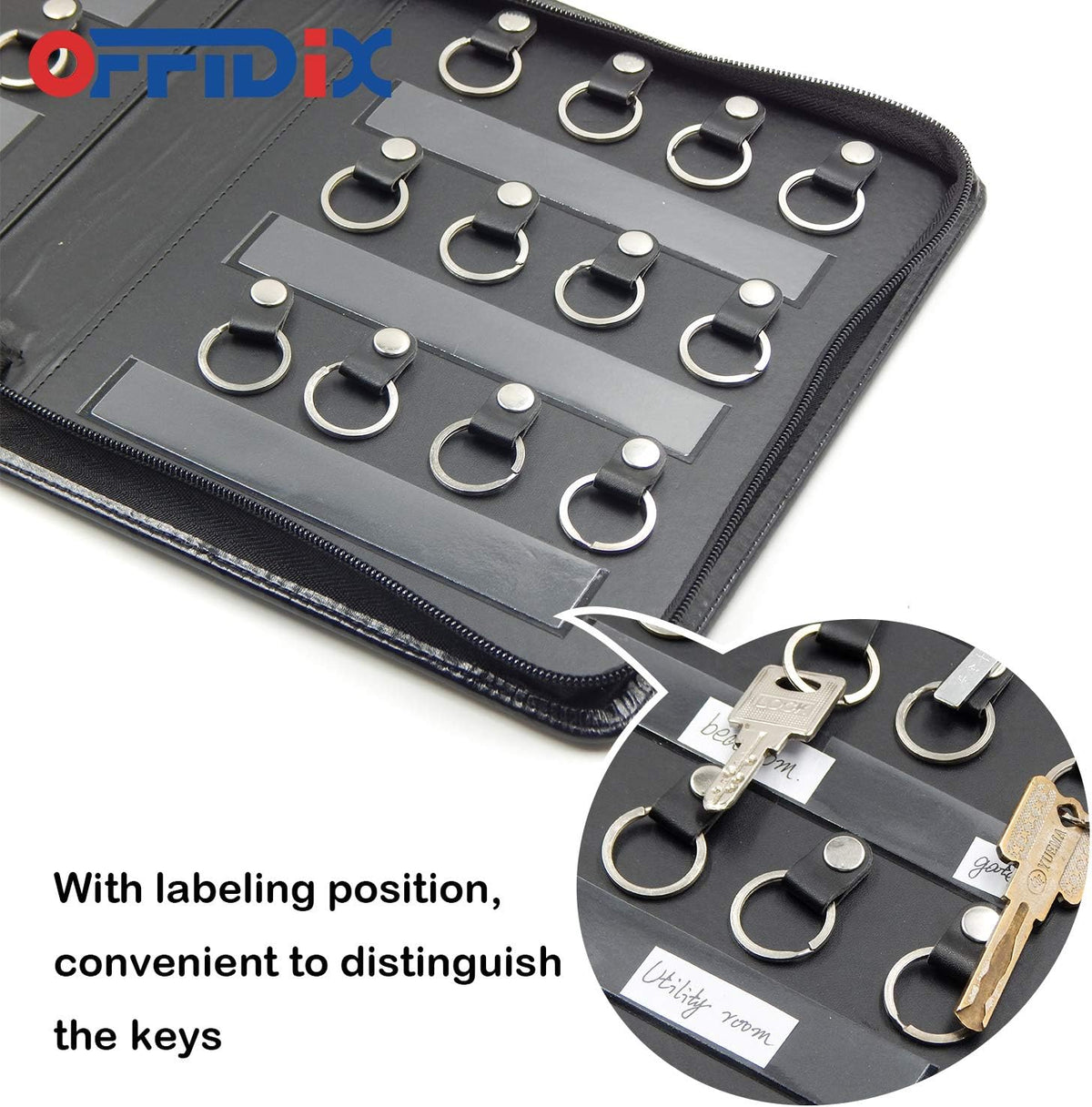OFFIDIX Portable Zippered Key Case,Leather Portable Key Cabinet 24 Key Hooks Key Organizer,Manager & Landlord Key Holder, Business Padfolio for Real Estate Sales,Hotel Executives, Car Service