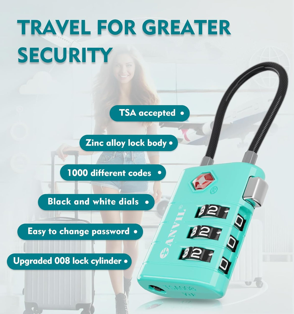 ANVIL TSA Approved Luggage Locks – High Security TSA008 Combination Travel Locks with Inspection Indicator for Suitcases and Backpacks. (3, 3 Colors)