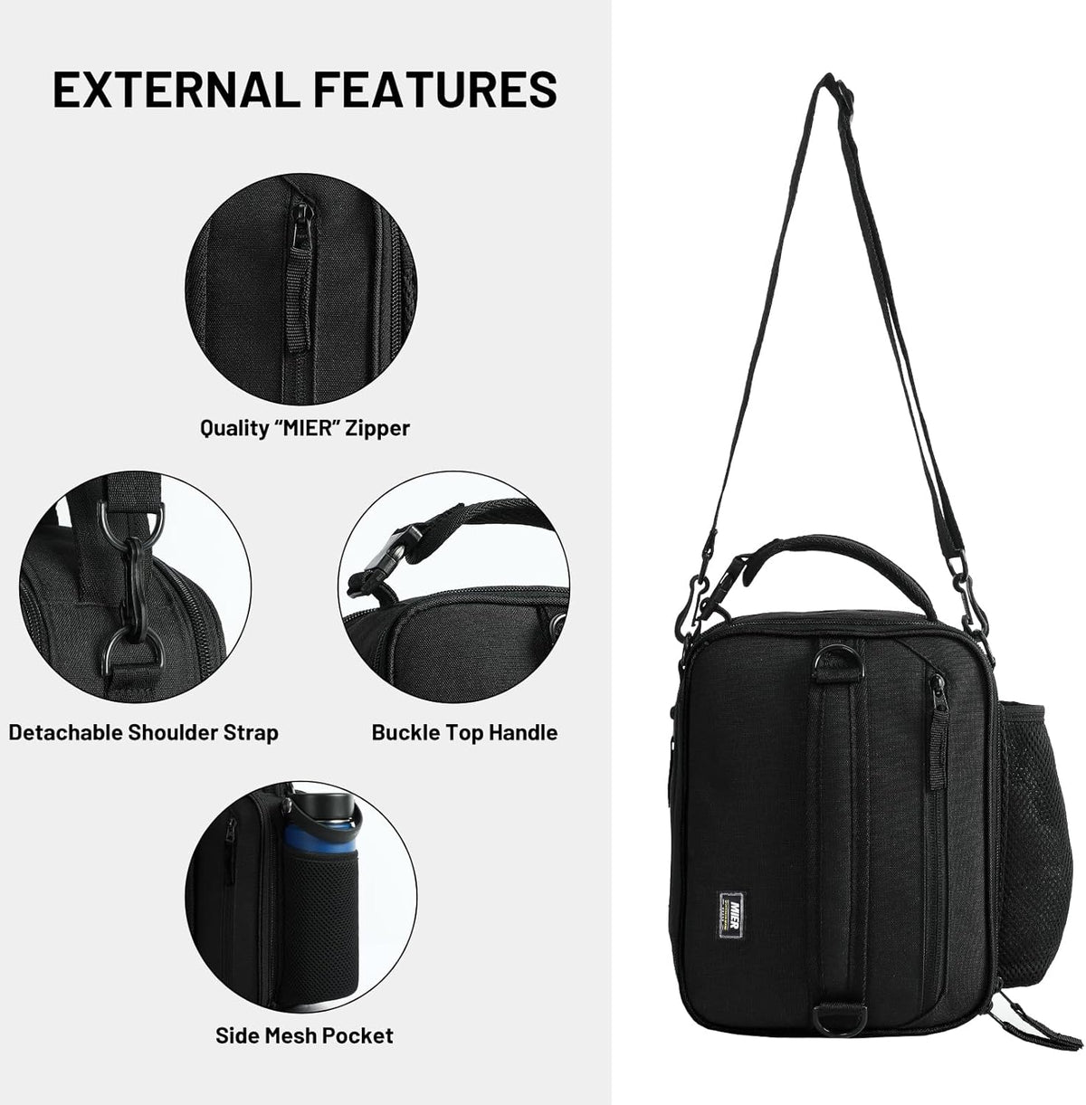 MIER Expandable Lunch Bag Insulated Lunch Box for Men to Work Travel Portable Lunchbox Bags with Shoulder Strap and Water Bottle Holder, Black