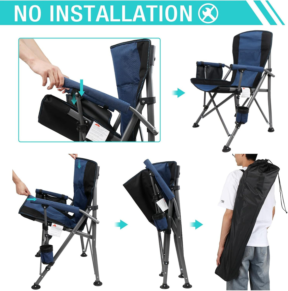Camping Chair for Adults Heavy Duty Outdoor Patio Lawn Chairs Portable Support 350 LBS High Back Padded Oxford with Armrests, Storage Bag, Cup Holder, for Outside Fishing, Camping, Foldable