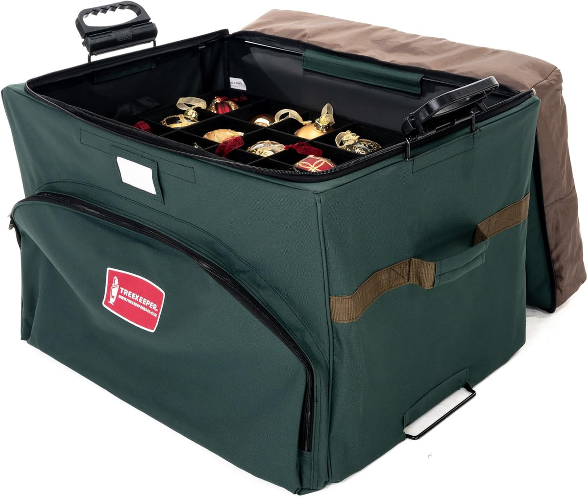 TreeKeeper Stack & Lock™ Green Christmas Ornament Storage Box Holds 72 Ornaments up to 4" Diameter, 3 Removable Trays with Separators, Top Pocket