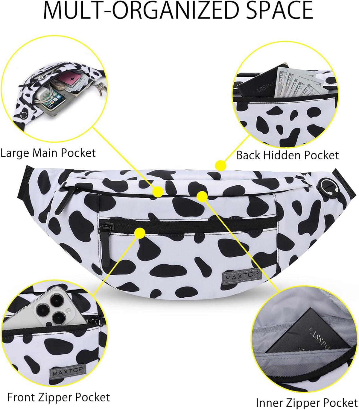 MAXTOP Large Crossbody Fanny Pack with 4-Zipper Pockets,Gifts for Enjoy Sports Festival Workout Traveling Running Casual Hands-Free Wallets Waist Pack Phone Bag Carrying All Phones