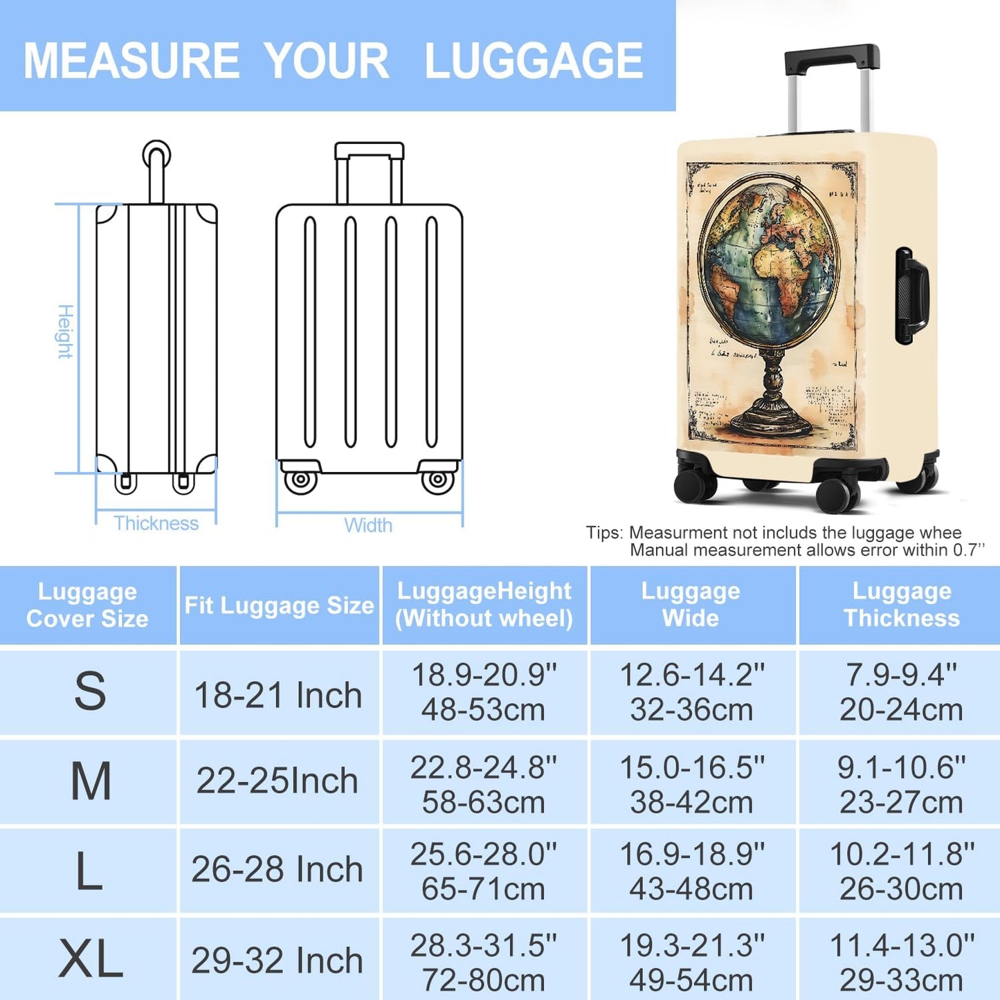 Luggage Cover Washable Suitcase Protector Anti-scratch Suitcase cover Fits 20-34 Inch Luggage (Globe, M(24-26inch suitcase))