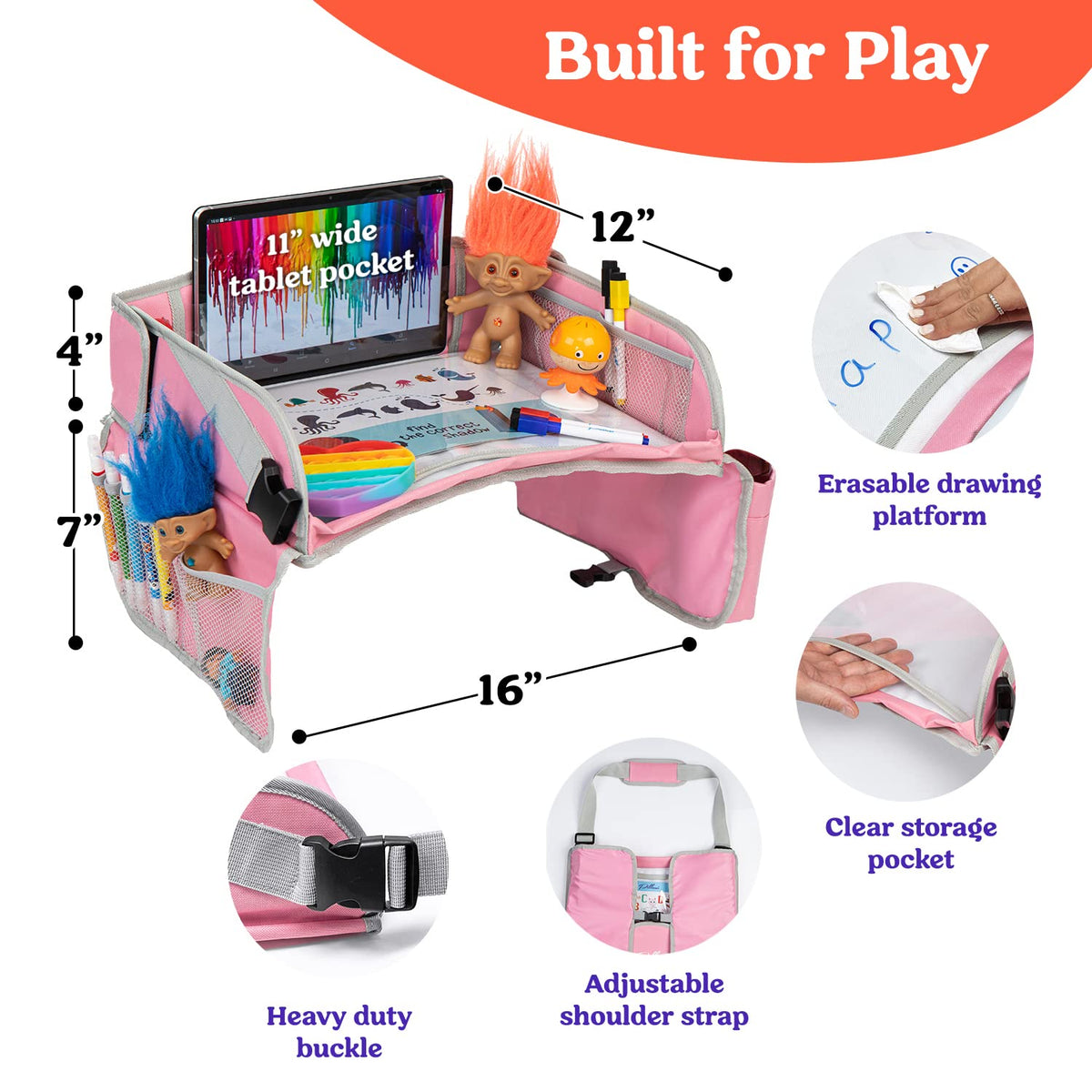 PILLANI Kids Travel Tray for Car - Car Seat Tray for Kids Travel, Road Trip Essentials, Carseat Table for Roadtrip Activities - Must Have Toddler Lap Desk Organizer for Airplane - Car Accessories