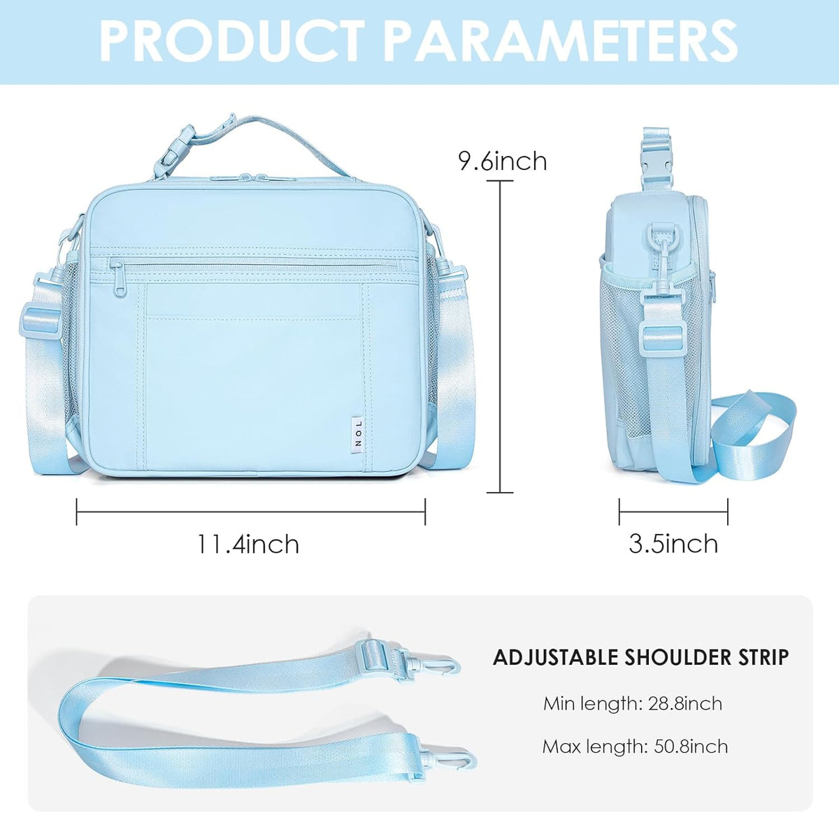 NOL Kids Lunch Bag - Kids 3+ Reusable Insulated Lunch Box with Zipper Closure Buckle Handle Adjustable Long Shoulder Strap, Easy-Clean Waterproof Fabric, Children Lunch Tote Bag for School -Light blue