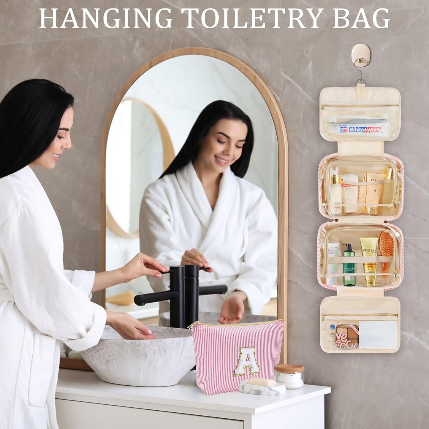 YOOLIFE Teen Girl Gifts Trendy Stuff - Birthday Gifts for 7 8 9 10 11 12 13 14 15 16 17 18 Year Old Teen Girls, Hanging Toiletry Bag Initial Makeup Bag - Letter E, Pink