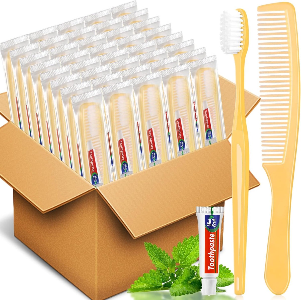 NICEMOVIC 10 Pack Disposable Toothbrushes Bulk with Toothpaste and Comb Travel Size Toothpaste Set Homeless Care Package Supplies for Bulk Individually Wrapped Disposable Travel Hotel Charity, Yellow