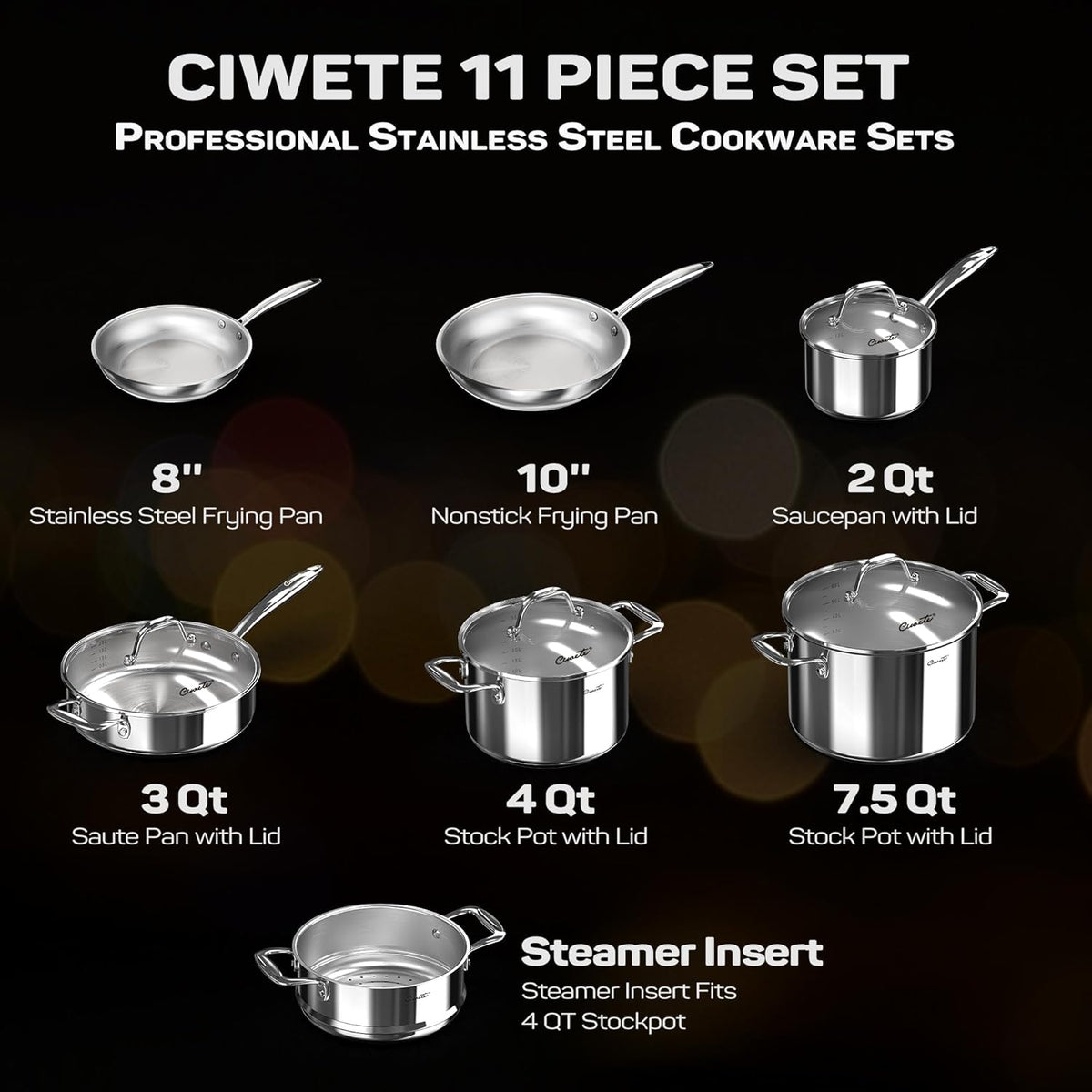 Tri-Ply Stainless Steel Pots and Pans Set 11-PC, 18/10 Stainless Steel Induction Cookware Set with Steamer Insert, Kitchen Cookware Sets with Stay Cool Ergonomic Handles, Dishwasher, Oven Safe
