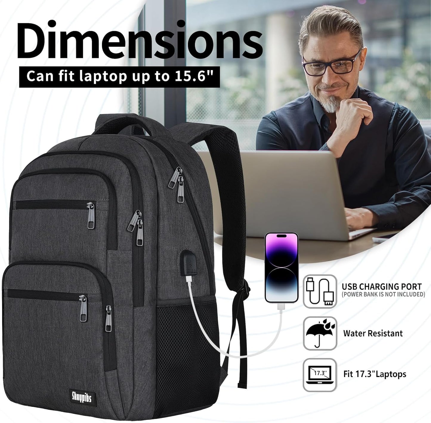 Backpck for Men Women, School Backpack for Boys Girls Teen, 15.6 inch Laptop Back Pack with USB Charger Port, Bookbag with USB Charger for travel, Work backpack,book bag, Mochilas para hombres Black