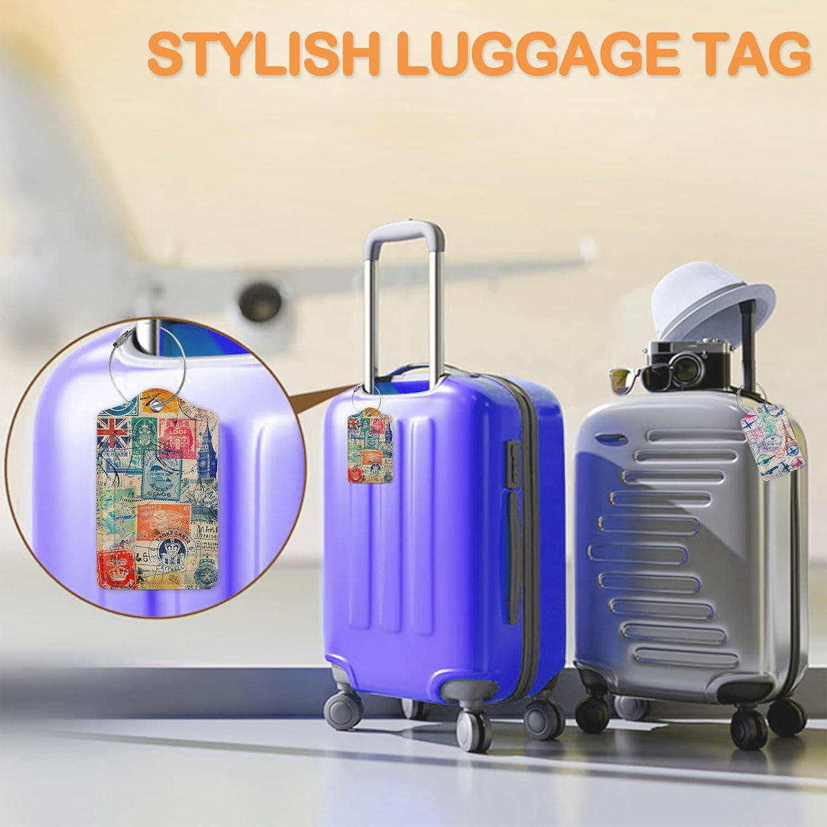 Retro Wanderlust Stamps 3 PCS PU Leather Luggage Tags for Suitcase, Luggage Tag with Privacy Flap, Name ID Label and Metal Loop for Women Men Baggage Handbag School Bag Backpack