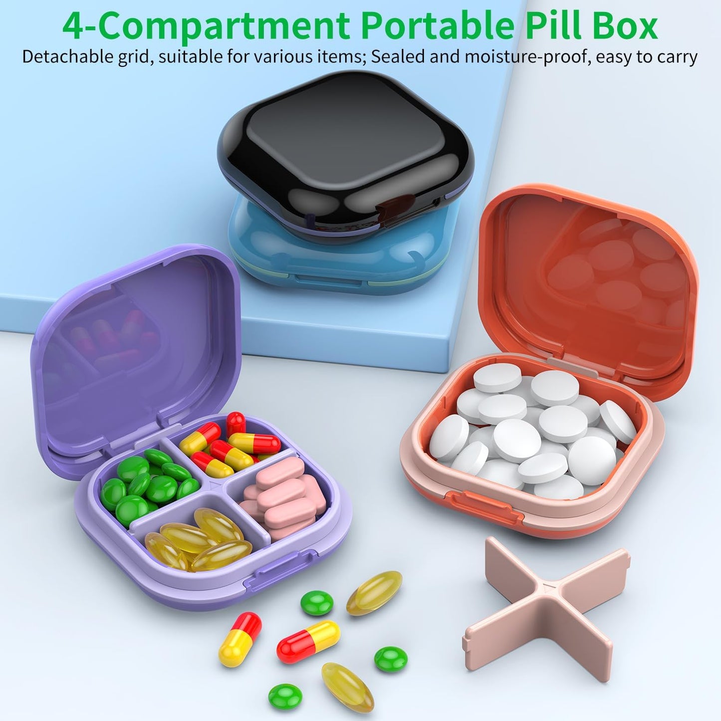 Daily Pill Organizer 4 Compartments, Small Pill Box Portable Travel Pill Case, Mini Pill Container for Purse Pocket, Compact Travel Medicine Organizer for Vitamin, Cod Liver Oil, Supplement
