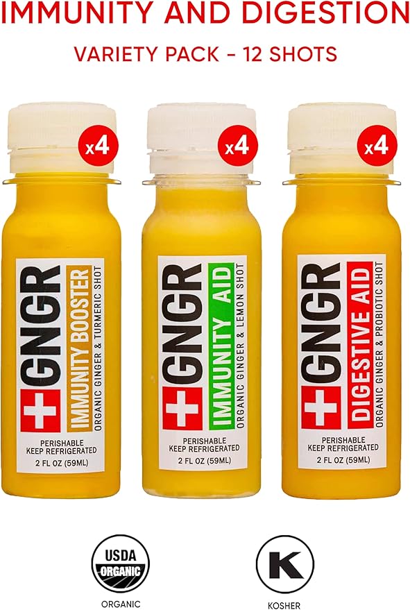 '+GNGR Immunity Sampler Organic Ginger Wellness Shots - Premium Ginger Shots for All Natural Digestive Support and Immune Support, Digestive Aid, Gut Cleanse and Detox (2 Oz, Pack of 12)
