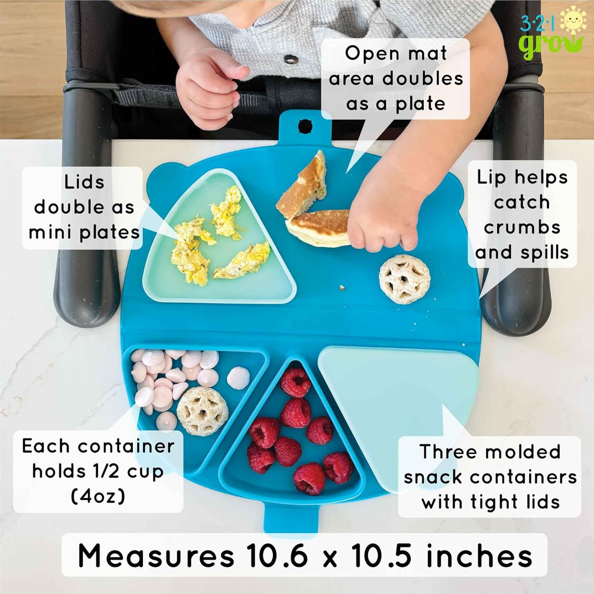 On-The-Go Snack Mat – Baby Silicone Travel Dining Placemat – Portable Silicone Toddler Plate – Reusable Snack Container with 3 Compartments and Lids for 6 Months + (Aqua)