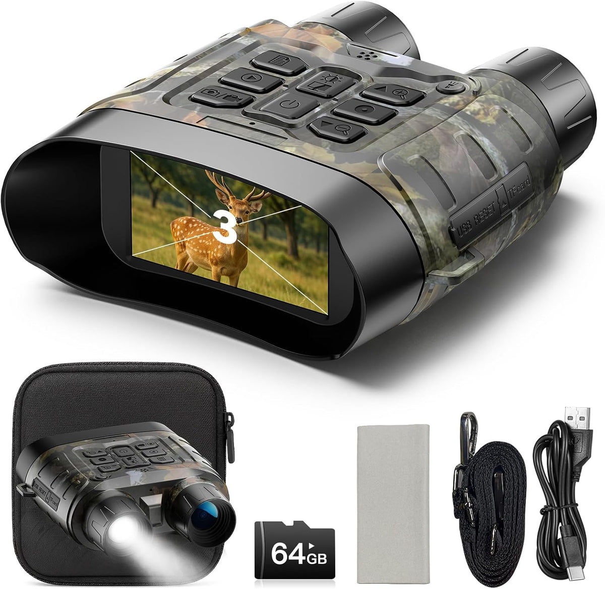 Night Vision Goggles - 4K Full-Color Night Vision Binoculars with 5000mAh Rechargeable Battery, 64GB TF Card for Saving Photos and Videos, 3-inch HD Screen, 18x Zoom, Suitable for Camping, Camouflage