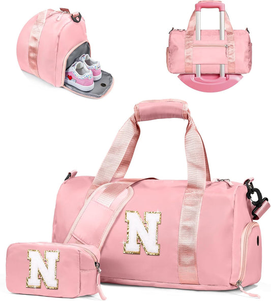 Gift Ideas for Kids Girls-Girl Gym Bag with Shoe Compartment, Kid Personalized Weekender Overnight Bags, Initial Travel Tote with Makeup Pouch, Graduation Gifts Granddaughter (Letter N)