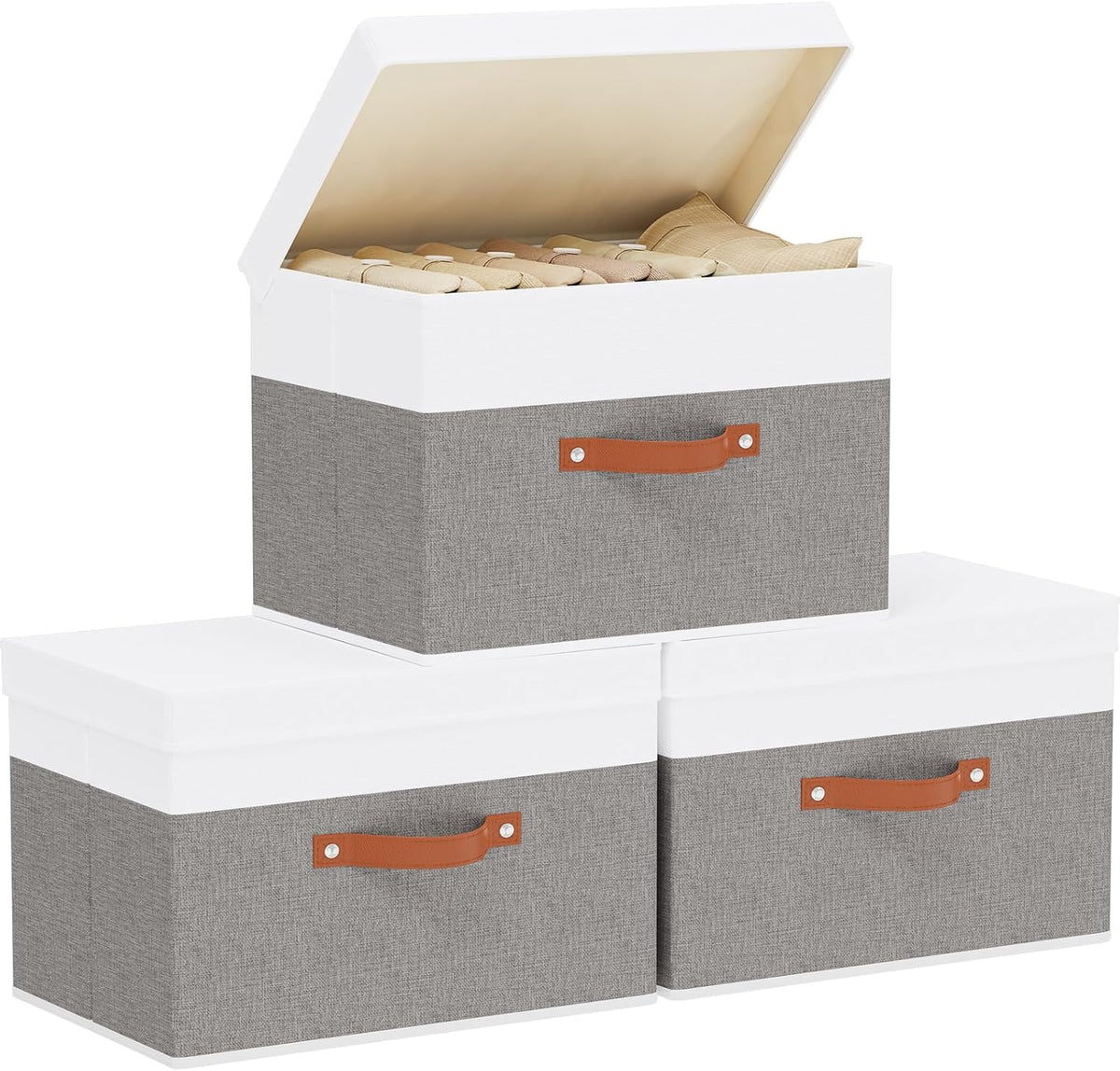 Fabric Storage Boxes with Lids, Linen Foldable Cloth Baskets, 17.7 x 11.8 x 11.8 Inch Closet Organizer Containers with Double Handles, Sweater Bins for Bedroom, White and Grey, 3 Pack