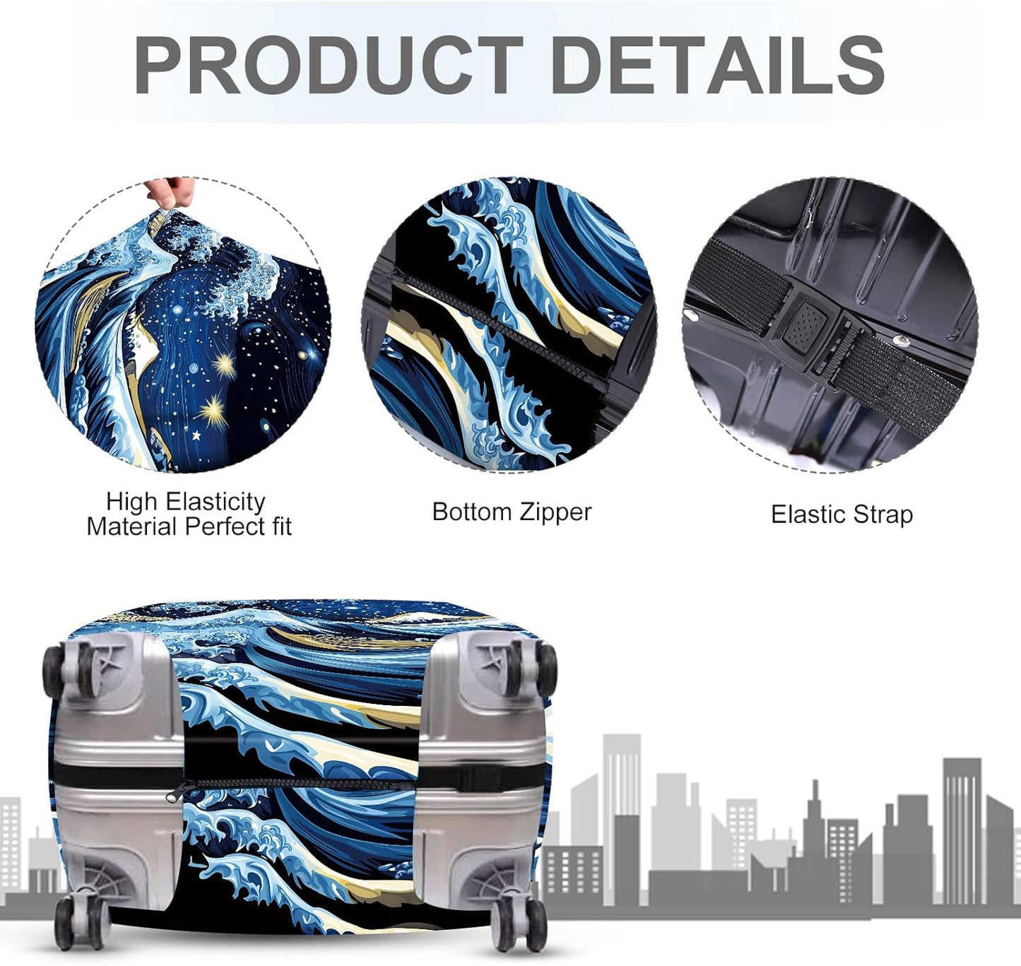 ANNA QUEEN Starry Ocean Wave Luggage Cover, Suitcase Protector with Artistic Van Gogh Style, Stretchable, Washable Travel Cover for 24-26 Inch Luggage