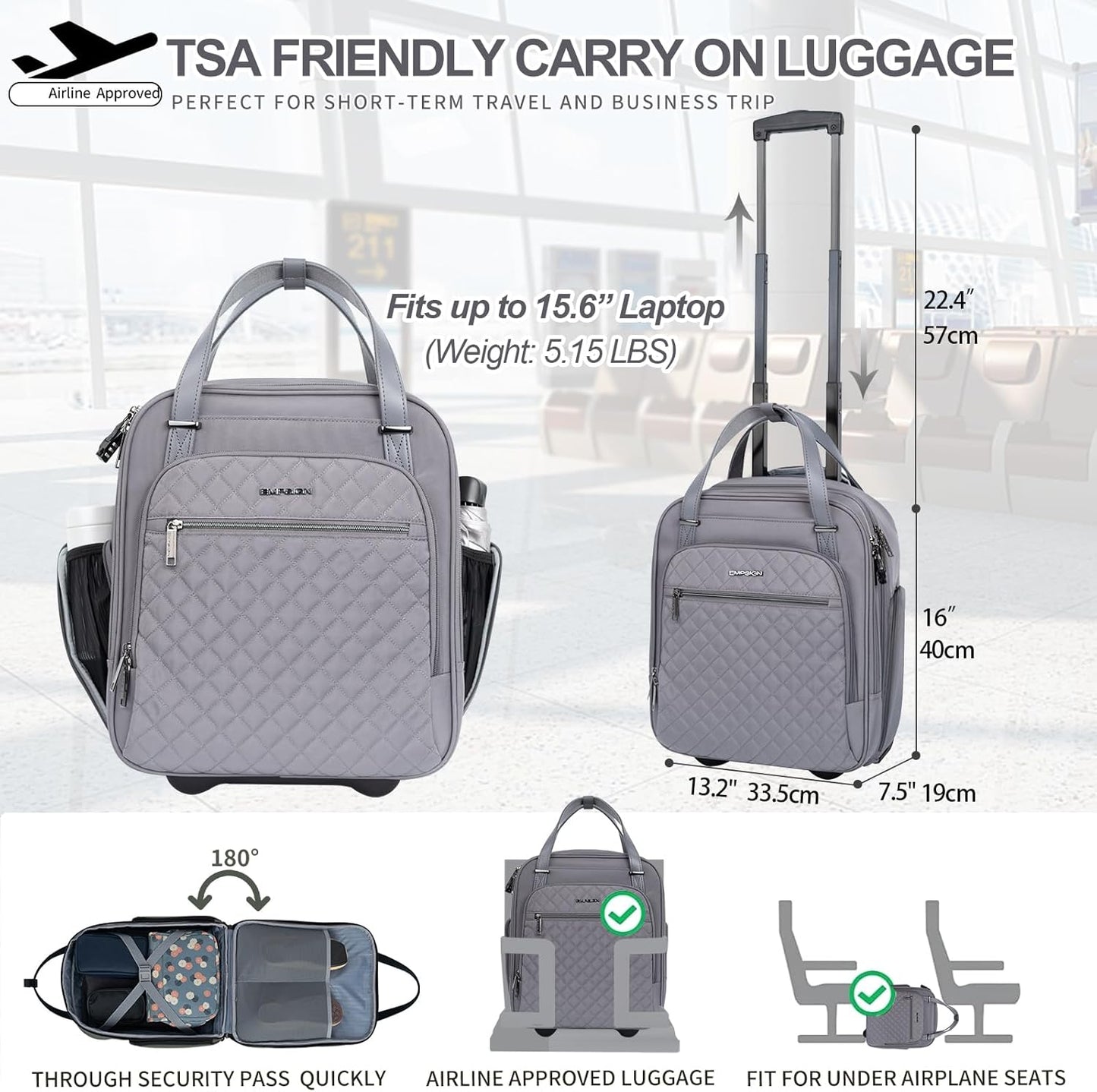EMPSIGN Underseat Carry On Wheeled - 16" Carry on Bag with Wheels Multi-functional Lightweight Rolling Bag Overnight Weekender Small Suitcase for Women Men Travel Business, Dark Grey