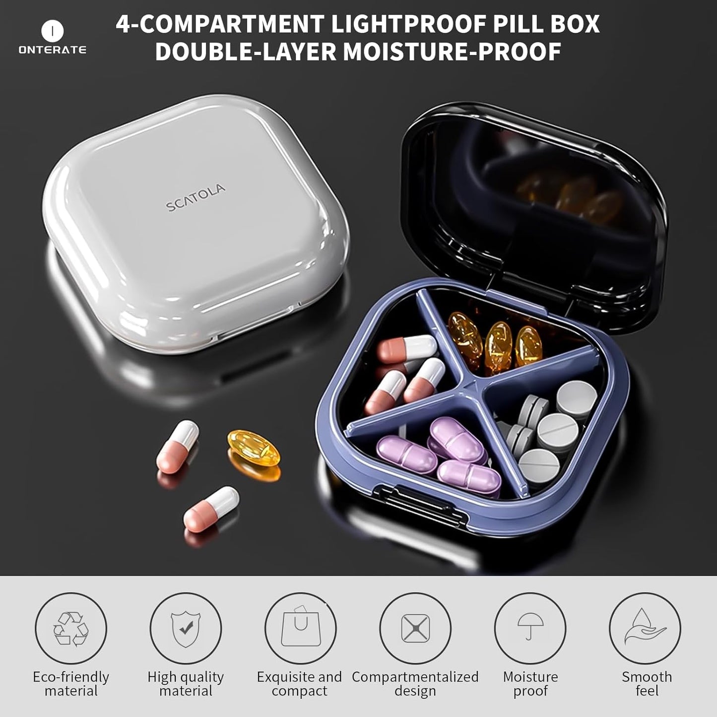 Small Pill Case, Travel Pill Box, Portable Pill Organizer, Pill Container for Pocket 4 Compartments, Daily Compact Travel Medicine Holder for Vitamins Medication (Purple)