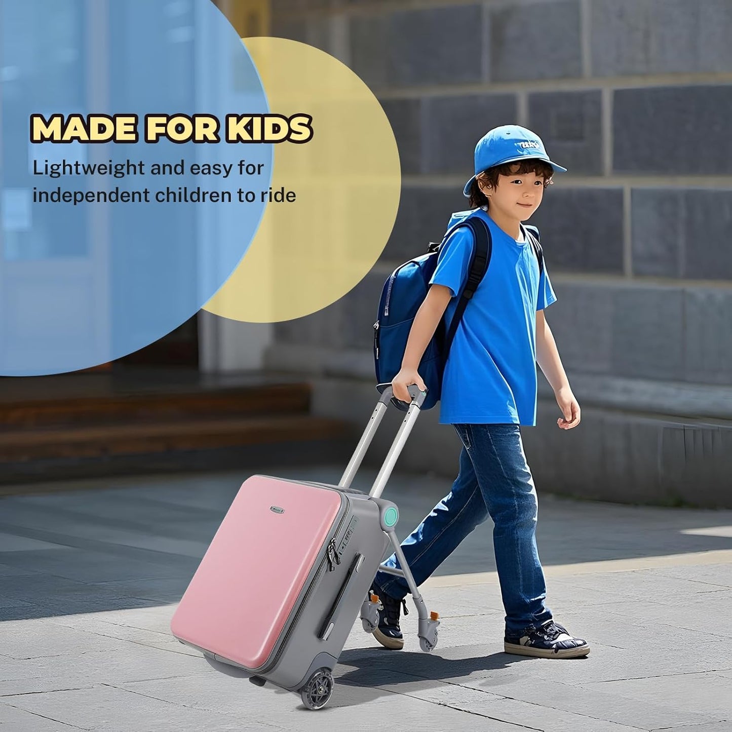 FAHKNS Children's Ride-On Suitcase,Kids Carry on Luggage with Wheels,Rolling Travel Luggage With Kids Seat for Airplane，2-in-1 Case & Baby Stroller,Pink