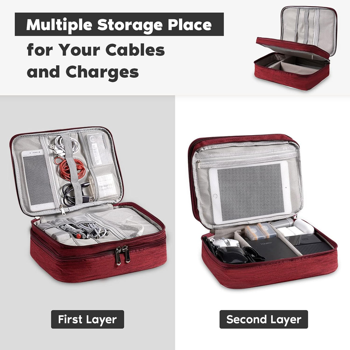 Electronics Organizer, OrgaWise Electronic Accessories Bag Travel Cable Organizer Three-Layer for iPad Mini, Kindle, Hard Drives, Cables, Chargers