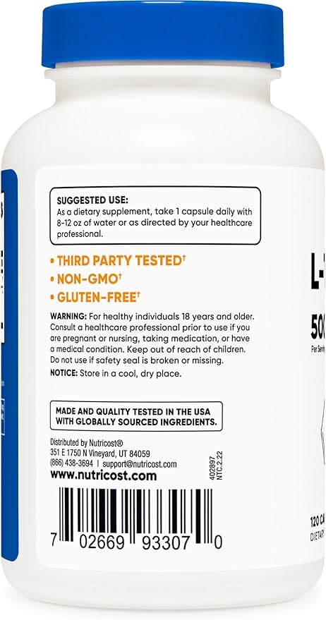 Nutricost L-Tryptophan 500mg, 120 Capsules (2 Bottles)