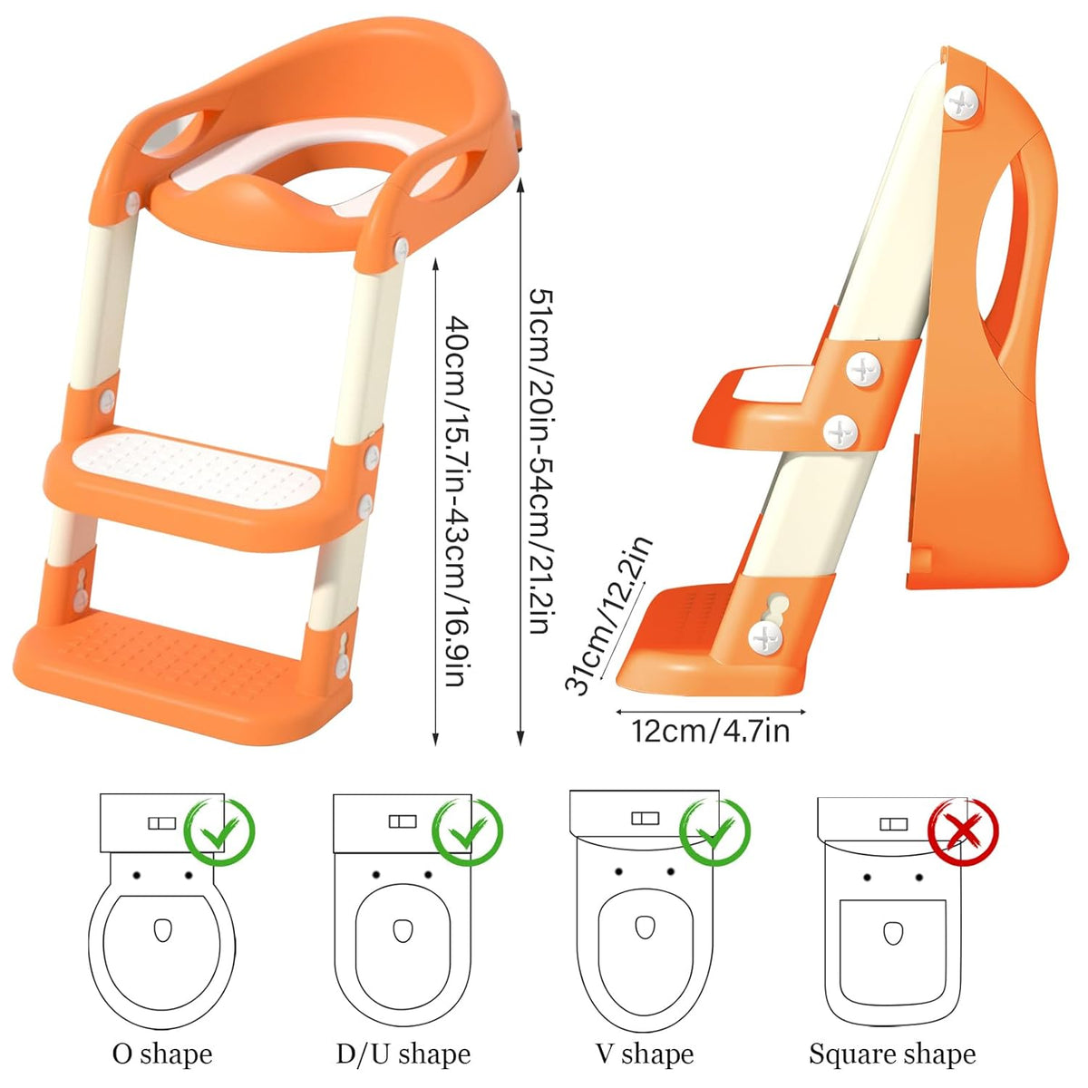 Potty Training Seat with Step Stool Ladder, Adjustable Foldable Potty Seat for Toilet with Anti-Slip Pads Ladder for Kids Boys Girls Toddlers - Orange