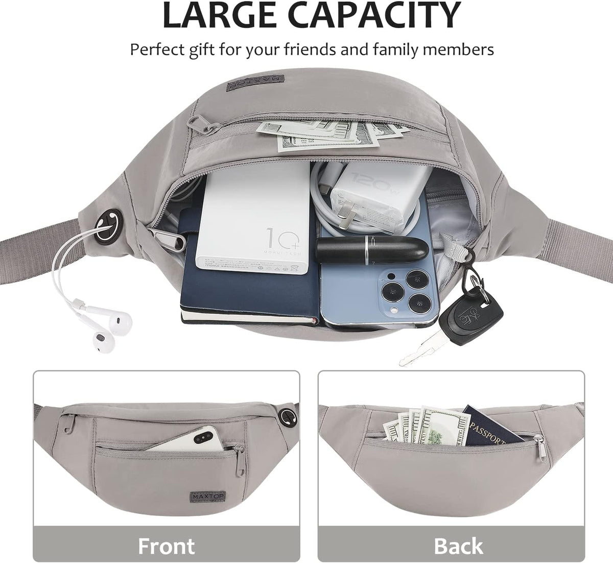 MAXTOP Large Crossbody Fanny Pack with 4-Zipper Pockets,Gifts for Enjoy Sports Festival Workout Traveling Running Casual Hands-Free Wallets Waist Pack Phone Bag Carrying All Phones