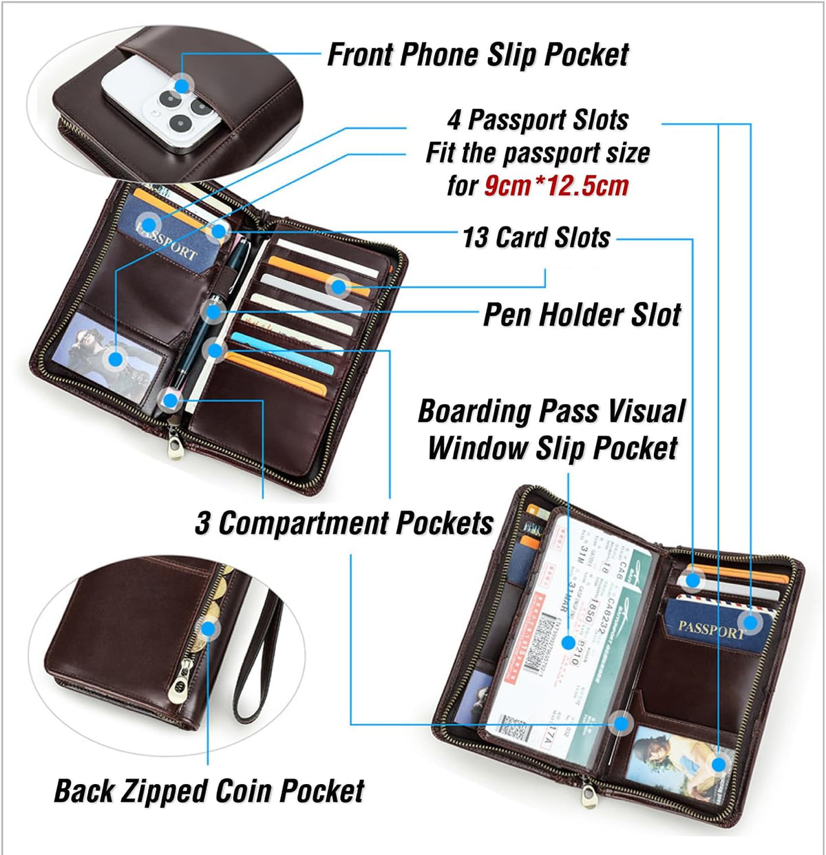 Top Grain Leather Customizable Travel Passport Wallet Holder for Man & Woman, Handmade for 4 Passports & Multi Cards, RFID Blocking Large Capacity for Cards/Passports/Tickets