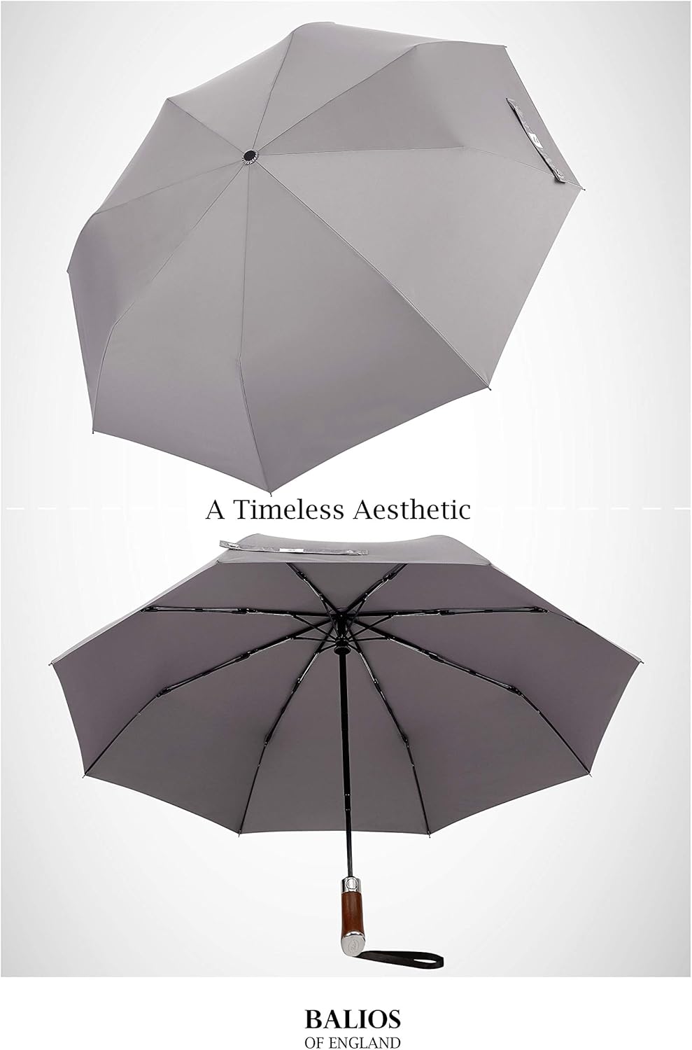 Balios (Designed in UK) Travel Umbrella Luxurious Golden Hardwood Handle Auto Open & Close Windproof Frame Single Canopy Automatic Folding Umbrella Men's & Ladies