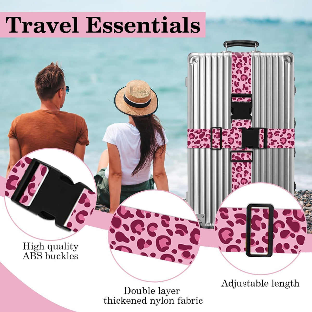 Leopard Luggage Straps for Suitcases TSA Approved, Luggage Identifiers for Suitcase, Adjustable Suitcase Strap for Baggage Security with Cute Patten, Travel Necessary Accessories (2Pack)